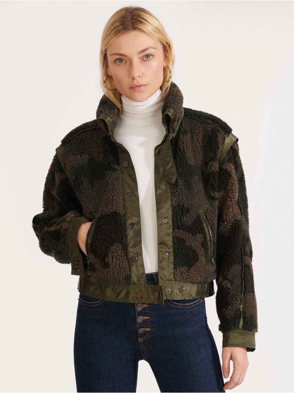 Veronica Beard Anita Camo Olive & Black Sherpa Bomber Jacket Size Large